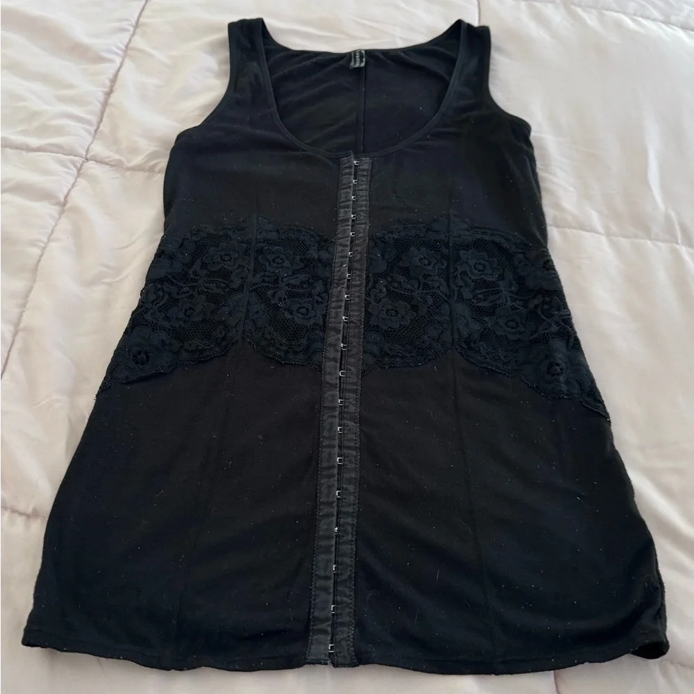 Free People Black lace mixed media hook and eye front Tank Top, size S Petite